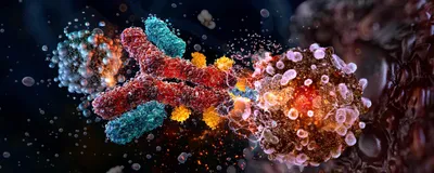 3D rendering of a Y-shaped antibody-drug conjugate binding to a glowing target cell.