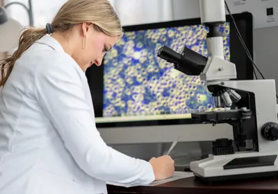 Scientist reviewing cellular and molecular data on a computer in a laboratory.