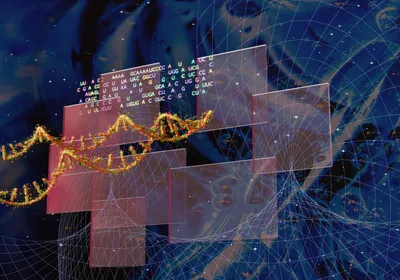 Codon sequences and a DNA double helix layered with computational data graphics