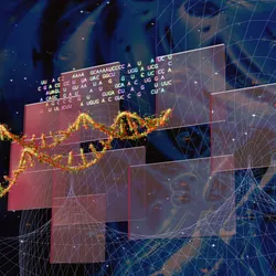Codon sequences and a DNA double helix layered with computational data graphics