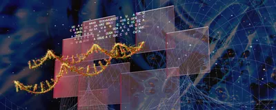 Codon sequences and a DNA double helix layered with computational data graphics