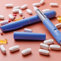 Blue semaglutide GLP-1 drug injectors are shown with other medications for obesity in pill form against a salmon-colored background.