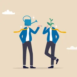 Image of two people. The person on the left has a watering can for a head. Meanwhile, the person on the right has a sprouting plant.