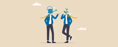 Image of two people. The person on the left has a watering can for a head. Meanwhile, the person on the right has a sprouting plant.