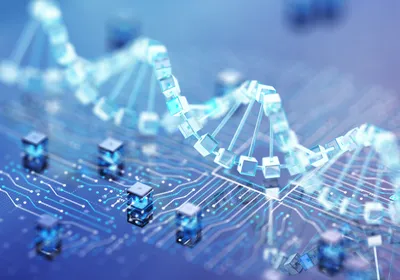 Digital DNA double helix built from glowing cubes above a computer circuit board, representing DNA synthesis on silicon.