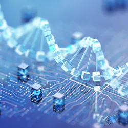 Digital DNA double helix built from glowing cubes above a computer circuit board, representing DNA synthesis on silicon.
