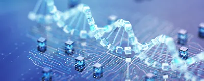 Digital DNA double helix built from glowing cubes above a computer circuit board, representing DNA synthesis on silicon.