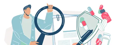 Cartoon illustration of a person in a lab coat on the left holding an oversized magnifying glass. To the right of the glass is a stack of papers with a hand holding a pen. Multicolored pill capsules and pill bottles are overtop of the image in the top right corner.