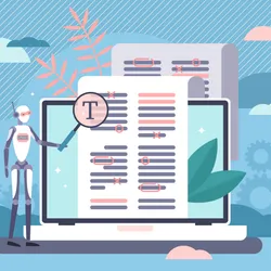 Illustration of a small, humanoid robot standing next to an open laptop holding a magnifying glass over a page with an edited document open. The image represents an AI-assisted reviewing tool. 
