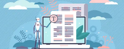 Illustration of a small, humanoid robot standing next to an open laptop holding a magnifying glass over a page with an edited document open. The image represents an AI-assisted reviewing tool. 