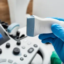 Ultrasound scanner probe in doctor's hand.