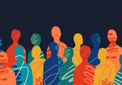 A crowd of abstract multicolored silhouettes of people made in the collage style, signifying microbial communities that differ in people.