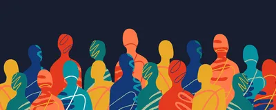A crowd of abstract multicolored silhouettes of people made in the collage style, signifying microbial communities that differ in people.