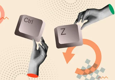 A collage showing a “Ctrl” and “Z” key from a keyboard with a hand reaching from the bottom and top toward the keys on a pale yellow background. 