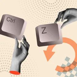 A collage showing a “Ctrl” and “Z” key from a keyboard with a hand reaching from the bottom and top toward the keys on a pale yellow background.