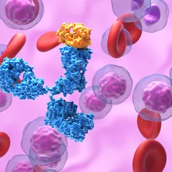 A monoclonal antibody surrounded by immune cells and red blood cells