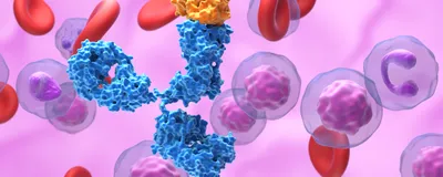 A monoclonal antibody surrounded by immune cells and red blood cells