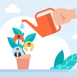 Image of a hand with a watering can, pouring water on top of a plant with three circles. Each circle depicts a different person. The image represents a nurturing mentor and mentees growing together.
