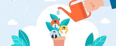 Image of a hand with a watering can, pouring water on top of a plant with three circles. Each circle depicts a different person. The image represents a nurturing mentor and mentees growing together.