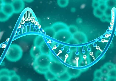 Illustration of a DNA double helix with molecular markers representing base modifications