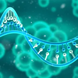 Illustration of a DNA double helix with molecular markers representing base modifications