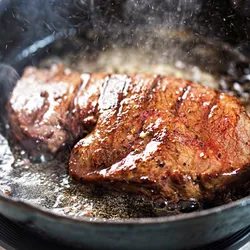 A steak frying in a pan.
