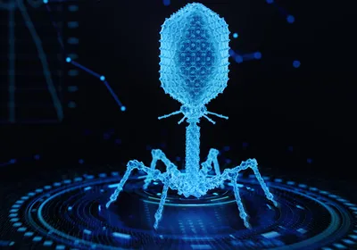 A futuristic bacteriophage is shown in blue against a dark background with images of data analytics concepts, representing an AI-designed virus.