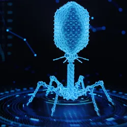 A futuristic bacteriophage is shown in blue against a dark background with images of data analytics concepts, representing an AI-designed virus.