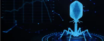 A futuristic bacteriophage is shown in blue against a dark background with images of data analytics concepts, representing an AI-designed virus.