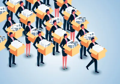 A drawing of men and women holding boxes, resigning en mass from their jobs as editors.