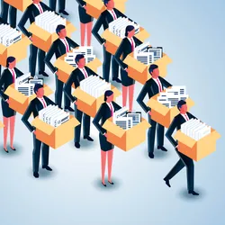 A drawing of men and women holding boxes, resigning en mass from their jobs as editors.
