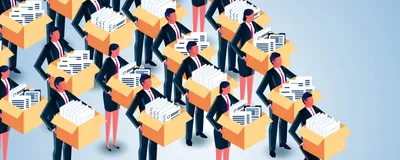 A drawing of men and women holding boxes, resigning en mass from their jobs as editors.