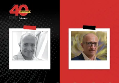 In the TS 40th Anniversary template, Sarkis Mazmanian smiles in a black and white headshot photo on the left. In a photo on the right, he stands in front of a large image of a cross-section of the brain. He wears a navy jacket, a white shirt, and glasses.