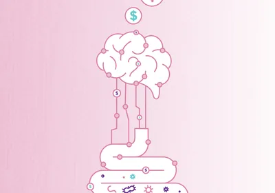 A drawing of a brain and dollar signs are connected to the digestive tract with microbes in it, representing the gut microbiome.
