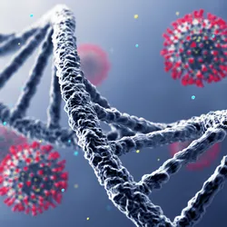 A pathogenic virus is shown next to a DNA helix.