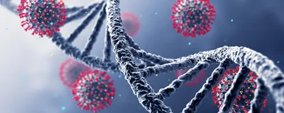A pathogenic virus is shown next to a DNA helix.