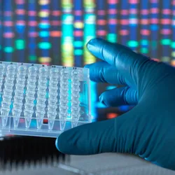A scientist wearing a blue glove holds a 96-well plate in their hand. Metagenomic data is shown on the computer screen in the background.