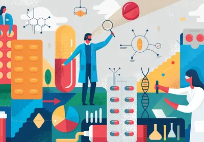 An illustration that shows researchers and medicines.