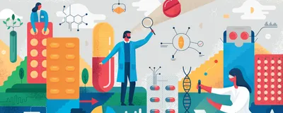 An illustration that shows researchers and medicines.