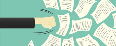 A fist punches a bunch of papers over a light green background.