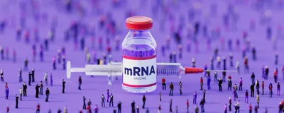 A giant vial of mRNA vaccine and syringe stand in a crowd of tiny people. 