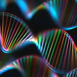 Abstract 3D rendering of synthetic DNA double helix structures.