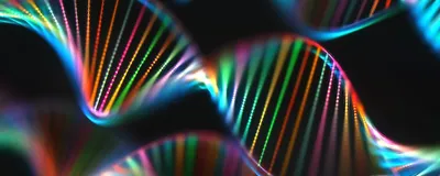 Abstract 3D rendering of synthetic DNA double helix structures.