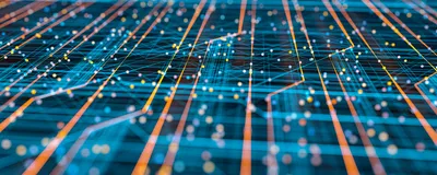 Abstract network of connected data pathways representing AI-driven laboratory workflows