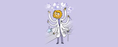 Illustration of a person in a lab coat with six hands, depicting the different aspects that researchers have to take care of.
