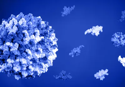 Conceptual 3D model of adeno-associated virus in shades of purple.