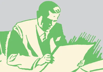An illustration of a scientist sitting at a desk reading a paper document.