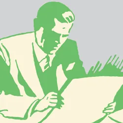 An illustration of a scientist sitting at a desk reading a paper document.