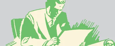 An illustration of a scientist sitting at a desk reading a paper document.