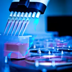 A robotic face, representing an AI scientist, is overlayed under an image of a multi-pipet taking up red liquid in a molecular biology wet lab that is bathed in blue light.